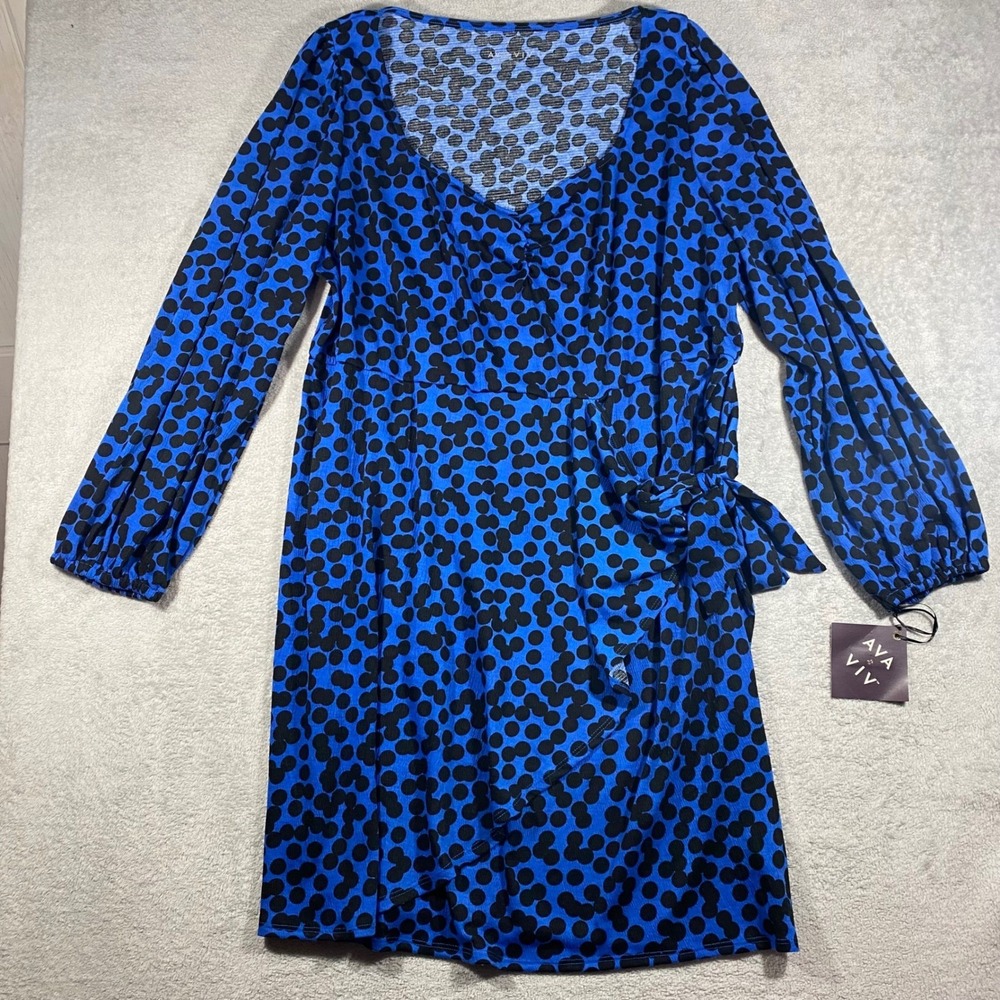 Ava & Viv Wrap Dress Women 2X Blue Black Polka Dot Long Sleeve Faux Wrap V-Neck